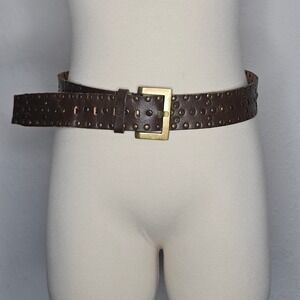 Perry Ellis Women's Brown Studded Leather Belt Antique Brass Buckle Boho Large